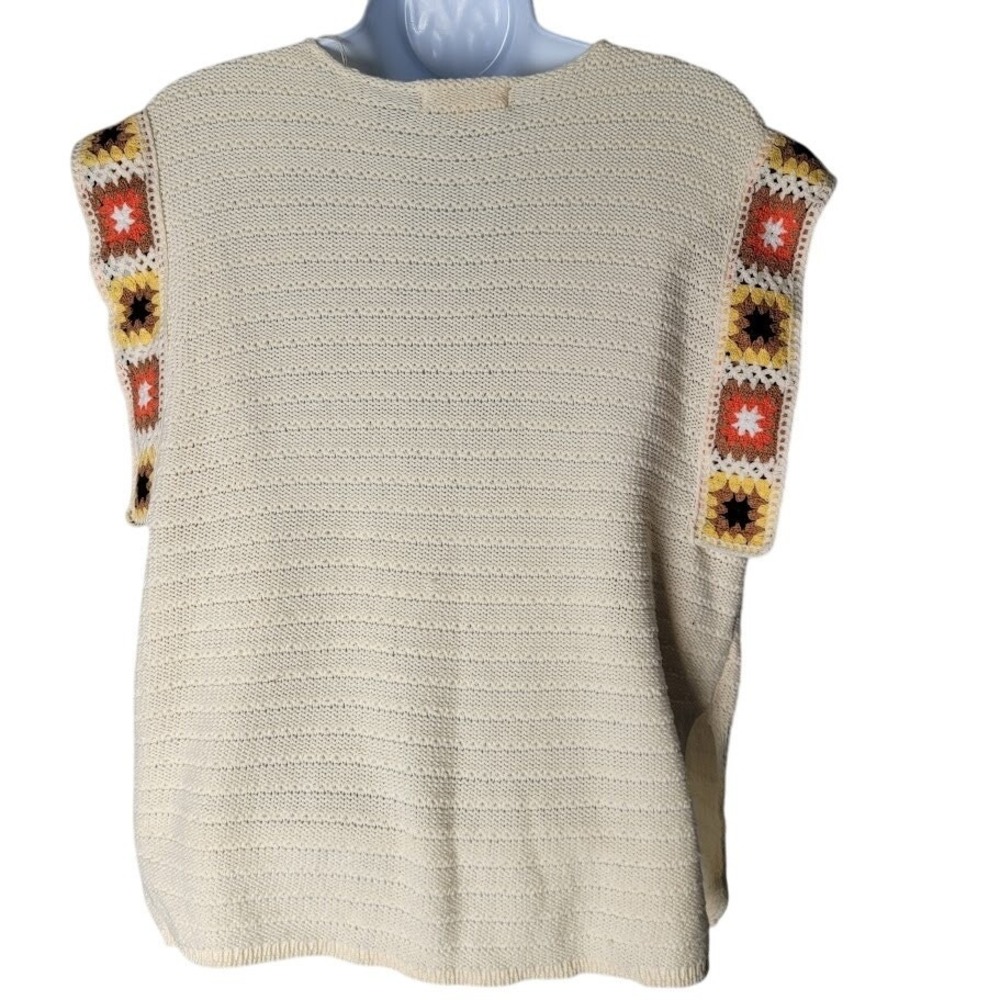 Crochet Granny Square Vest Cream Boho Retro Sweater Tank Women's M Greige - Picture 2 of 9